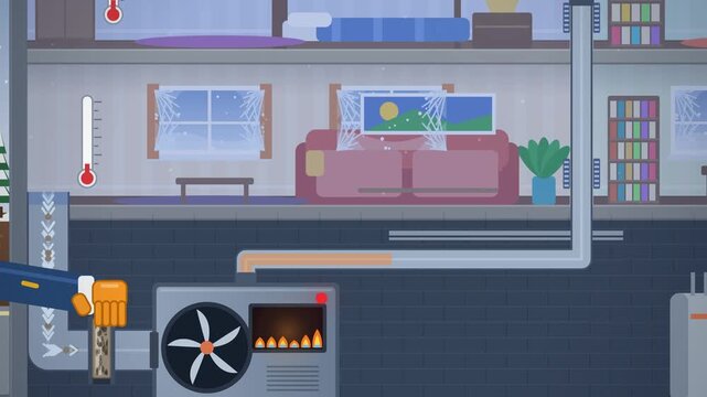 Furnace filter replacement animation, clean filter restores warm airflow through house ducts, 4K explainer