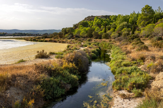Abandoned salines of Peyriac de Mer, Aude, France, now a touristic hot spot for watersports and nature on the Mediterranean coast