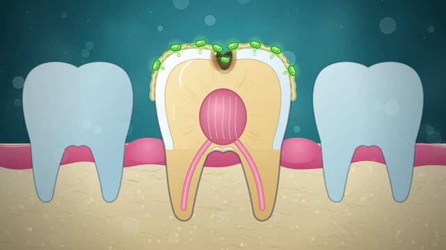 Tooth decay cavity and filling animation, cross-section of a molar with drill and dental restoration, 4K explainer