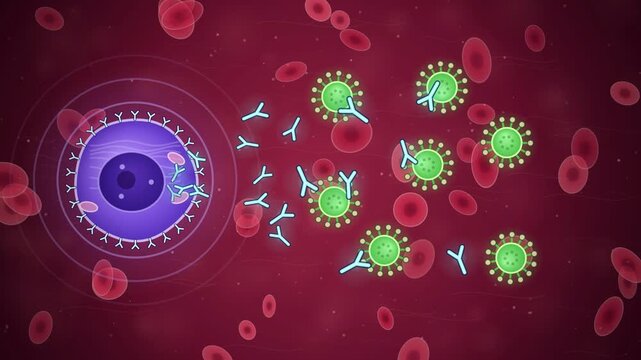 Antibodies capture viruses animation, B cell and macrophage immune response, 4K medical explainer