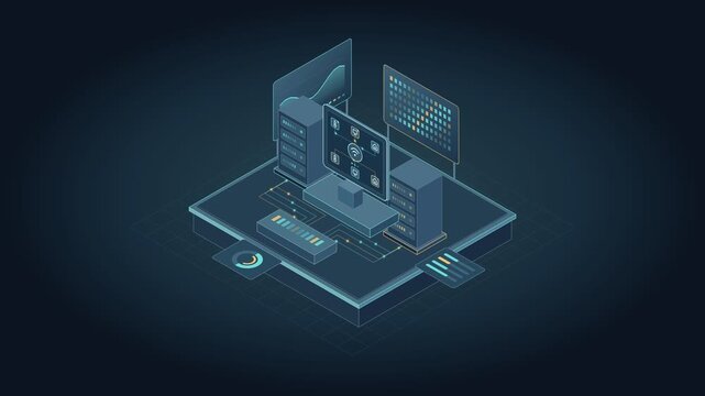 Isometric IoT command station monitoring interconnected smart device sensors and telemetry networks in 4K.