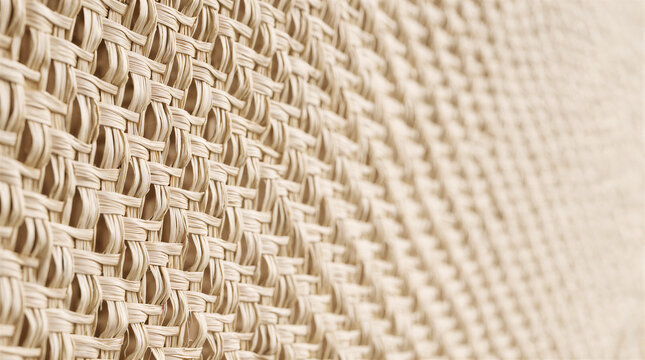 Macro close-up of handwoven raffia wall covering in natural undyed fiber featuring soft matte texture and open weave