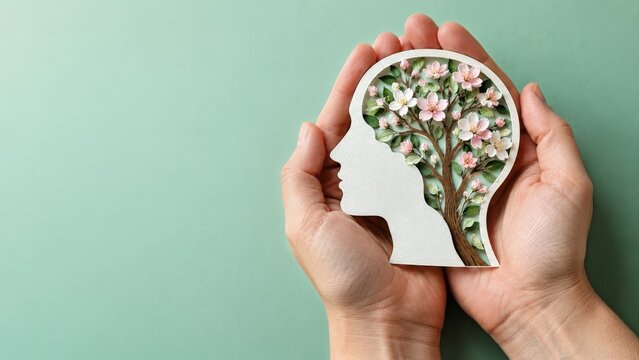 Hands holding a paper head with flowering tree on a mint background