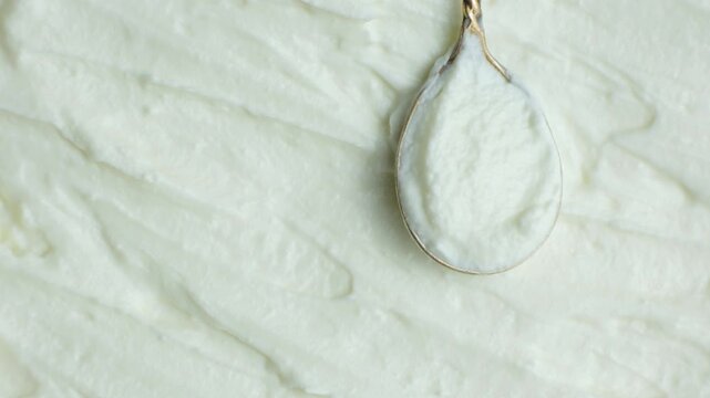 Spoonful of cottage cheese paste on smooth curd background