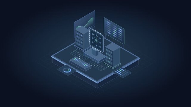 Isometric edge computing station managing decentralized network nodes and real-time data processing in a 4K loop.