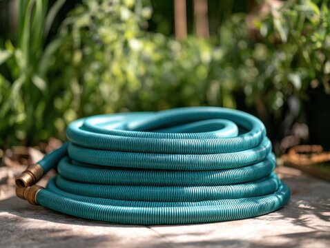 Coiled green garden water hose with brass fittings resting on concrete surface with blurred natural background in sunlight