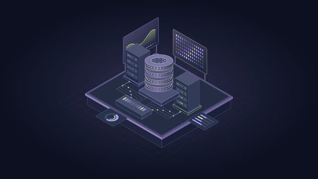 Isometric database operations center managing server clusters and big data warehouse storage in a 4K loop.