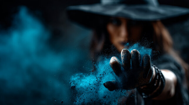 Mysterious woman wearing a pointy hat casting blue magical smoke from her hand