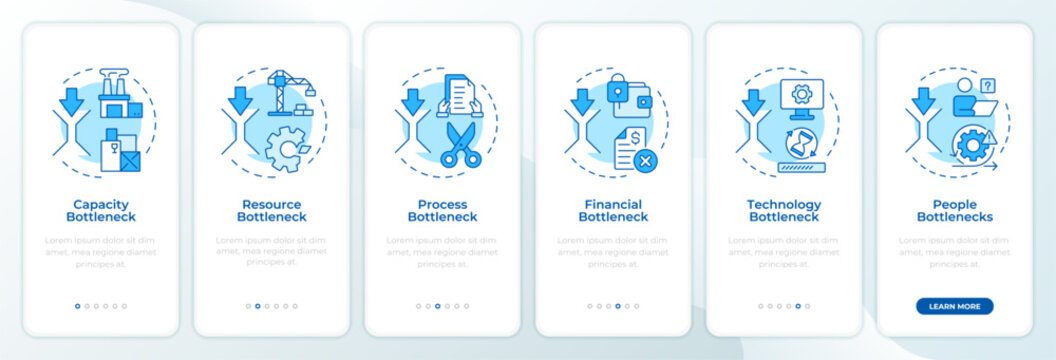 Categorizing different bottleneck types monochrome onboarding mobile app screen. Auditing process efficiency. UI UX walkthrough 6 steps. Editable graphic instructions with linear concepts