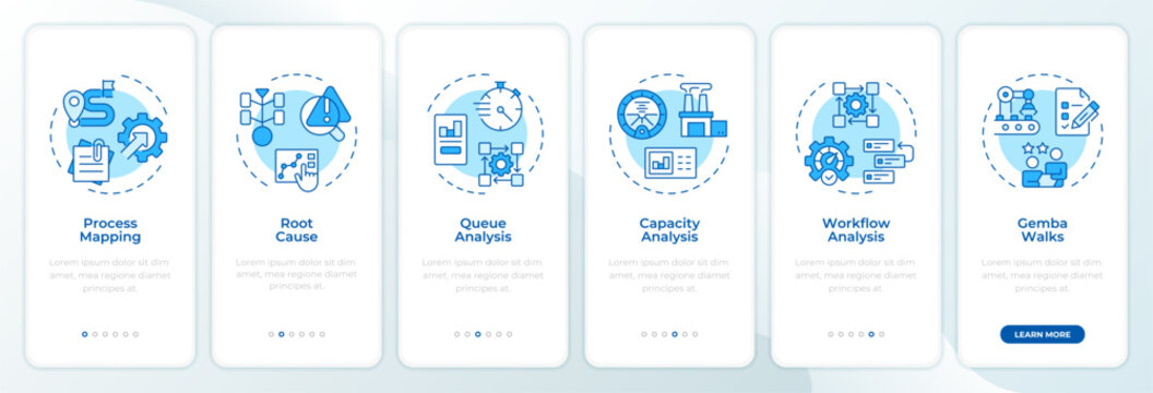 Bottleneck assessment and review monochrome blue onboarding mobile app screen. Enterprise productivity enhancement. UI UX walkthrough 6 steps. Editable graphic instructions with linear concepts