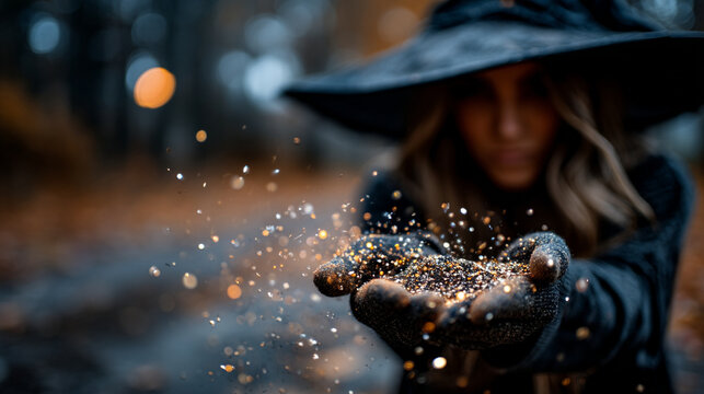 Mysterious woman wearing witch hat sprinkling magical dust from her cupped hands