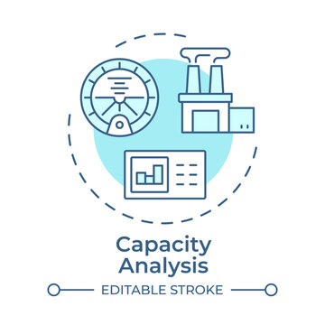 Capacity analysis monochrome blue concept icon. Strategic operations optimization process. Industrial infrastructure. Isolated minimalist cyan illustration in circular design. Round composition