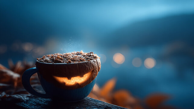 Creative pumpkin drink with carved jack o lantern face glowing in the twilight