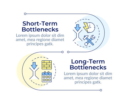 Process bottleneck categories infographic vertical sequence. Managing system capacity constraints. Overcoming long term growth roadblocks. Visualization infochart with 2 steps. Circles workflow