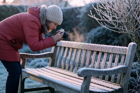 Woman photographing frost-covered bench in winter garden