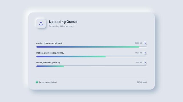 Digital file upload queue screen animation with loading progress bars.