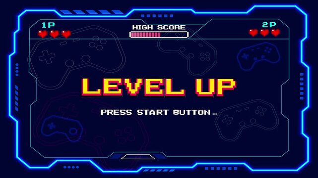 LEVEL UP. press start button. pixel art 8-bit. retro game. for game assets in vector illustrations.	