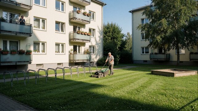 Man mowing the lawn in apartment courtyard