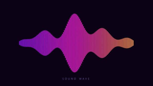 Abstract sound wave visualization with vibrant purple and orange vertical lines pulsing rhythmically against a dark background for modern digital media production and audio technology motion graphics