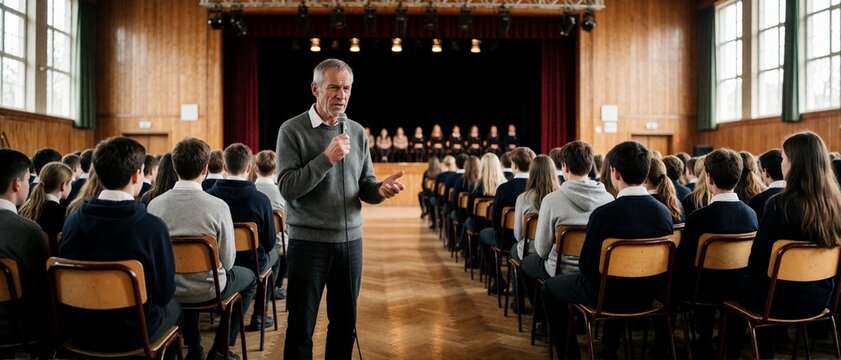 Senior male speaker addressing an audience in a school hall