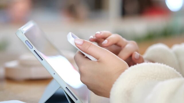 Hands typing on a tablet. White tablet held by hands. Blurred background with warm light