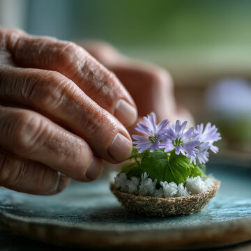 A gardener arranging tiny delicate flowers in a small rustic nest on a plate