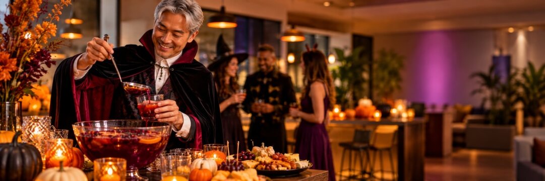 Man in vampire costume pours a drink at a Halloween party buffet. Guests socialize in a decorated restaurant. Halloween celebration and costume party. Seasonal food and drink gathering.