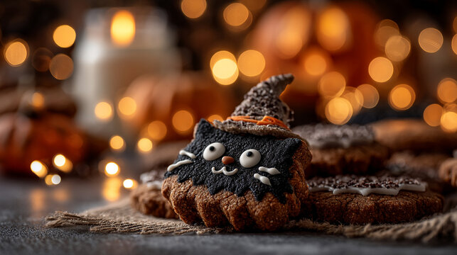 Halloween witch cat cookie with festive bokeh lights background
