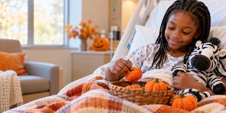 Child in hospital bed holding crocheted pumpkin with stuffed zebra. Pediatric patient plays with handmade autumn decorations during recovery. Childhood health care and comfort.