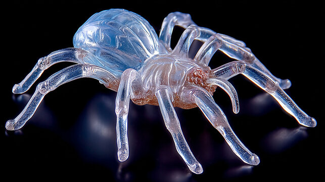 Glass tarantula spider sculpture glowing against a dark background with art