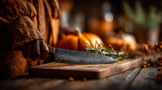 Chef carving pumpkins on a wooden cutting board in a rustic kitchen with preparation