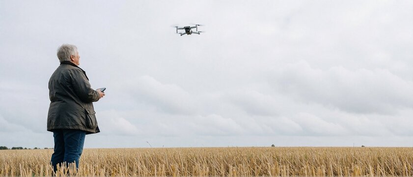Senior man flying drone over harvested wheat field