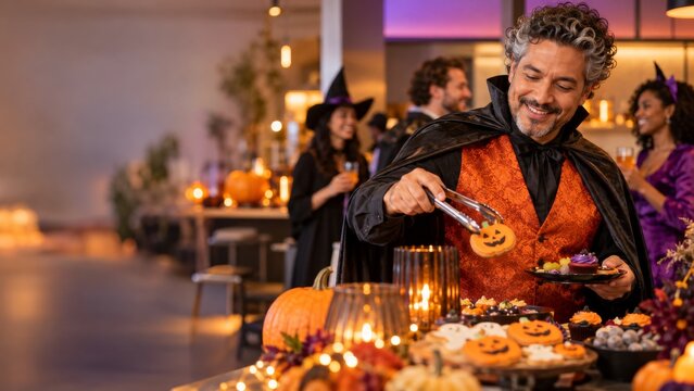 Man in vampire costume serving Halloween cookies at a festive party buffet. Halloween celebration and costume party. Seasonal sweets and entertaining. Copy space for holiday promotion.