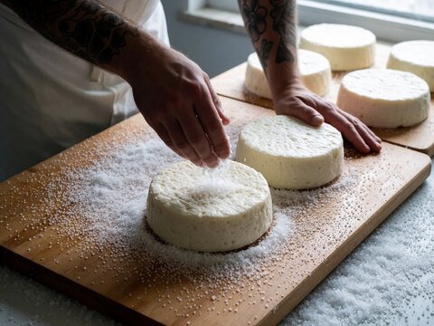 Cheese maker salting fresh cheese wheels
