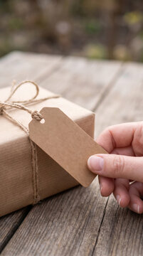 Kraft paper gift wrapping tied with twine and blank tag held by hand outdoors. Tied ribbon shipping parcel surprise giving wedding romance joy happiness