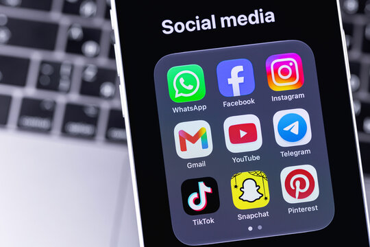 smartphone iPhone and popular social media mobile icon apps WhatsApp, Facebook, Instagram, YouTube, Gmail, Telegram, TikTok, Pinterest,Threads. Batumi, Georgia - October 3, 2026