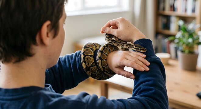 Owner gently holding ball python snake coiled around forearm indoor over the shoulder
