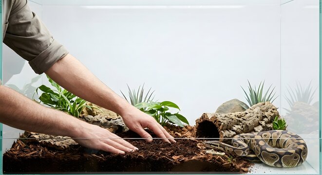 Owner hands arranging fresh soil substrate in clean glass terrarium with ball python
