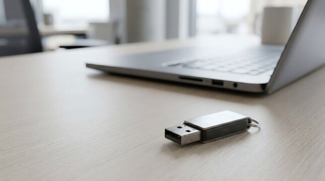 Modern USB flash drive resting on wooden office desk with laptop