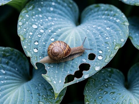 Snail on Hosta Leaf with Water Droplets
