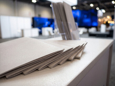 Close-up of blank brochures in countertop display stand at modern trade show exhibition for marketing and promotion.