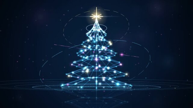 Glowing blue digital Christmas tree sparkling with neon light lines and festive starry particles in dark cyberspace