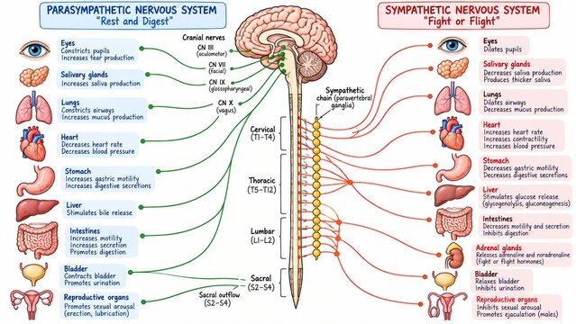 Human nervous system diagram comparing parasympathetic and sympathetic nerves with brain and organs