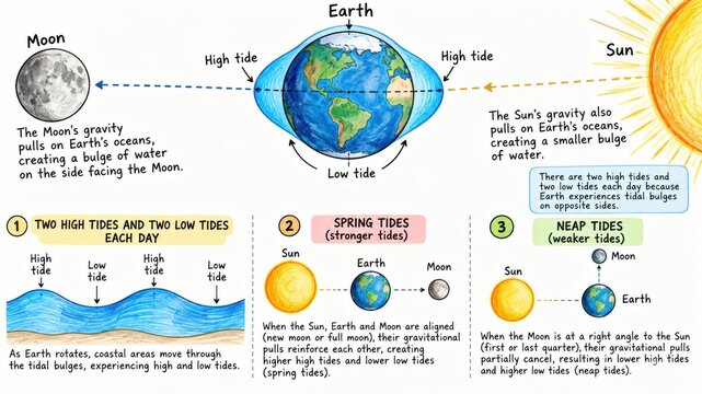 Educational diagram explaining ocean tides with Earth, Moon and Sun showing high and low tide cycles