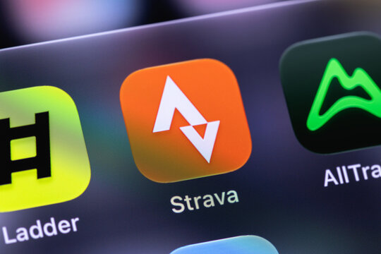 Strava, AllTrails, Ladder mobile icon apps on a screen smartphone iPhone. Strava, AllTrails, and Ladder are all popular fitness, health-tracking mobile applications. Batumi, Georgia - October 3, 2026