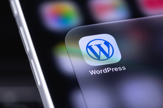 WordPress mobile icon app on a screen smartphone iPhone closeup. WordPress - open source site content management system. Batumi, Georgia - October 3, 2026