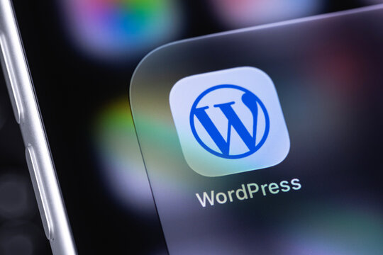 WordPress mobile icon app on a screen smartphone iPhone. WordPress - open source site content management system. Batumi, Georgia - October 3, 2026