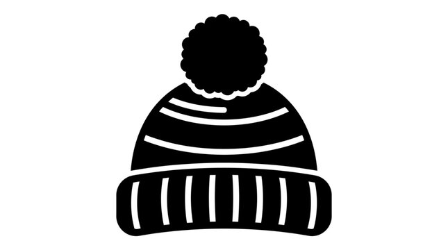 Winter beanie hat icon vector illustration, black knit pom pom cap silhouette, warm seasonal headwear emblem, cold weather clothing graphic element