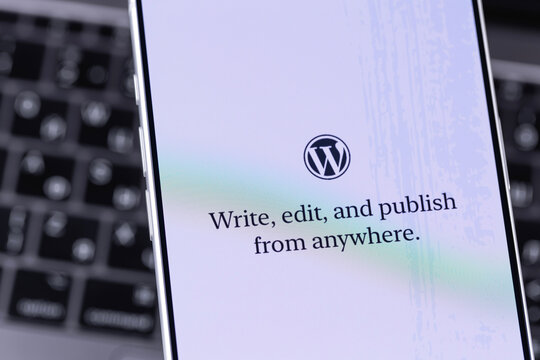 WordPress mobile logo app on a screen smartphone iPhone. WordPress - open source site content management system. Batumi, Georgia - October 3, 2026