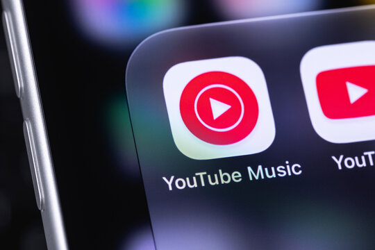 YouTube Music mobile icon app on a screen smartphone iPhone. YouTube Music is a dedicated music and video streaming service developed by Google. Batumi, Georgia - October 3, 2026